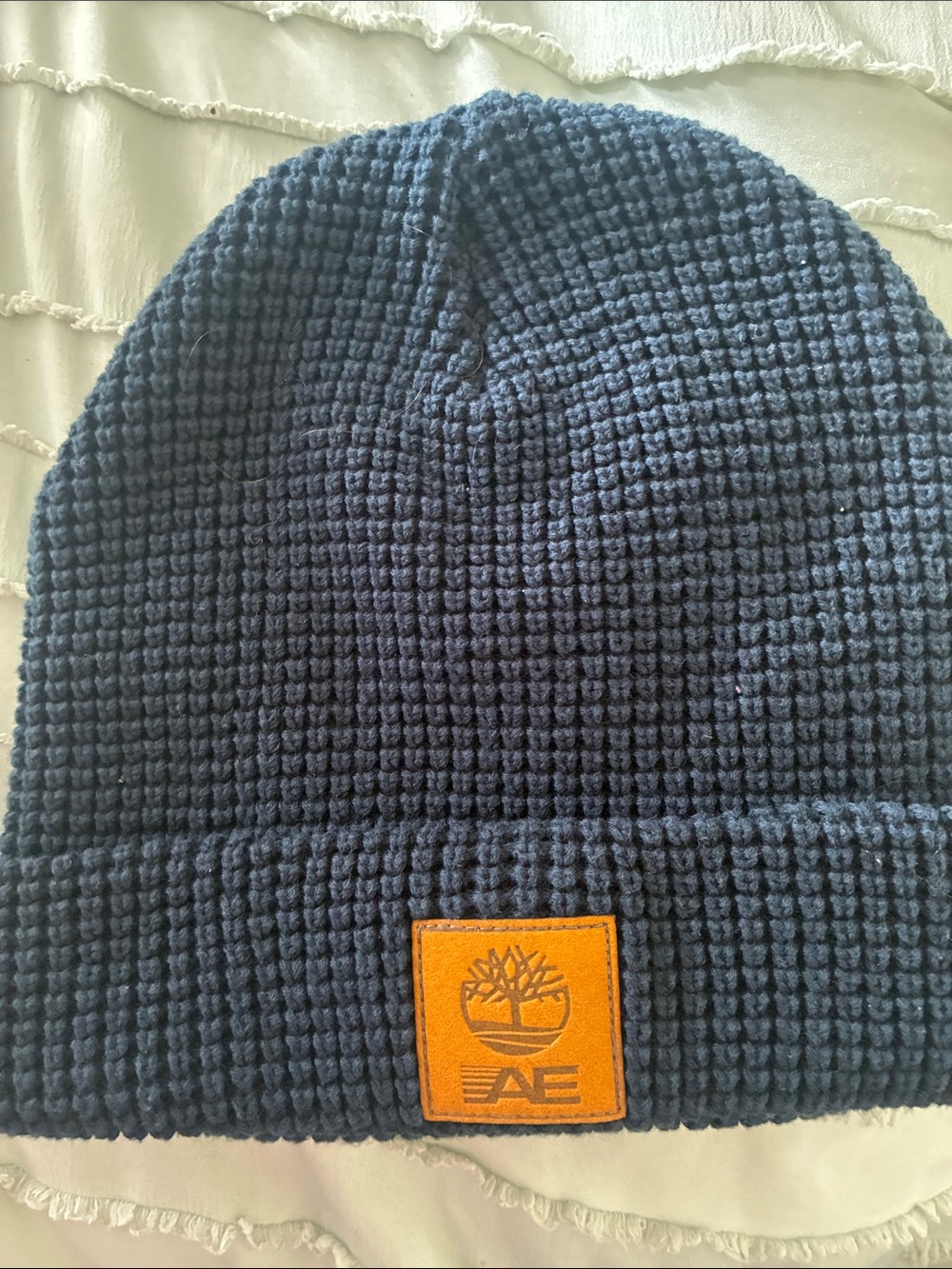 Timberland x AE rare collab Navy Waffle Knit Beanie with Tan Leather Logo Patch
